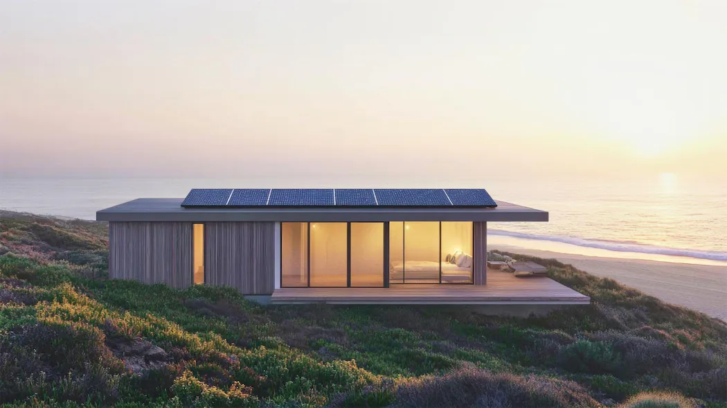 Modern coastal home in Bay Shore with rooftop solar panels at sunset, showcasing energy-efficient living and sustainable family housing solutions