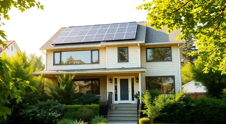 A beautifully remodeled energy-efficient home in Queens, NY, featuring newly installed solar panels by The Green Plug, a modern roof, and upgraded siding, showcasing sustainable home improvements and lower utility costs