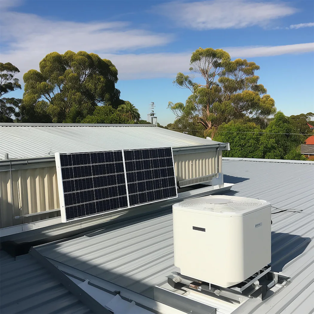 Rooftop installation showing solar panels and energy-efficient HVAC system working together, demonstrating integrated renewable energy solutions for home climate control