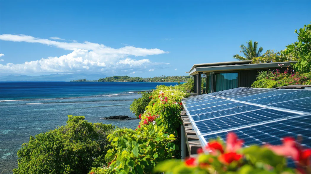 Modern coastal home featuring rooftop solar panel installation with ocean view, demonstrating sustainable energy solutions for residential properties with both roofing and climate control options