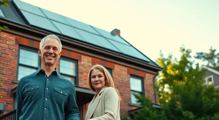 Happy homeowners standing in front of their brick house in Queens, NY, equipped with newly installed solar panels by The Green Plug, showcasing their commitment to renewable energy and lower electricity bills.